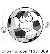 Clipart Of A Cartoon Grayscale Happy Soccer Ball Character Looking Upwards And Giving A Thumb Up Royalty Free Vector Illustration