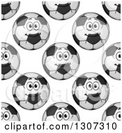 Poster, Art Print Of Seamless Background Pattern Of Happy Grayscale Soccer Ball Characters