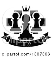 Poster, Art Print Of Back And White Chess Board With A Crown And Pawns Over A Text Banner