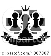 Back And White Chess Board With A Crown And Pawns Over A Blank Banner