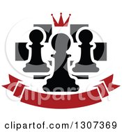 Chess Board With A Crown And Pawns Over A Blank Red Banner