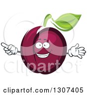 Clipart Of A Purple Plum And Leaf Character Royalty Free Vector Illustration