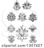 Clipart Of Black And White Henna And Lotus Flowers 9 Royalty Free Vector Illustration