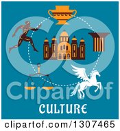 Poster, Art Print Of Flat Design Of Greek Cultural Items Over Text On Blue - Greek Runner Capital On A Column Pegasus Amphora Scales And Temple