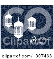 Poster, Art Print Of Ramadan Kareem Greeting With White Lanterns Over A Blue Pattern 2