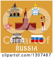 Poster, Art Print Of Flat Design Russian Travel Icons And Symbols With Big Theater Kremlin Temple Rocket And Satellite Star Oil Rig And Flag With Text On Orange