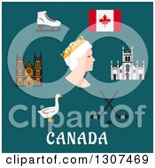Poster, Art Print Of Flat Design Canadian Travel Symbols Depicting The Queen Commonwealth Ice Skates And Ice Hockey Flag Landmarks And Goose Over Text On Blue