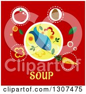 Bowl Of Fish Soup And Ingredients Over Text On Red
