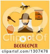 Poster, Art Print Of Beekeeper Bees And Hive In A Circle Over Text On Yellow