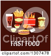 Clipart Of A Modern Flat Design Of Fast Food Over Text On Brown Royalty Free Vector Illustration