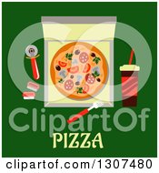 Poster, Art Print Of Flat Design Of A Pizza Delivery Box Over Text On Green