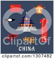 Flat Design China Travel Icons National Flag Woman Kimono Tea Kettle With Cups Bowl With Rice And Chopstick Noodle Box And Ancient Temple Of Heaven Over Text On Blue