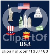Poster, Art Print Of Flat Design American Travel Items Of The Flag Of Usa Statue Of Liberty Capitol Building Skyscrapers Hat Dollars Fast Food Box With French Fries