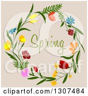 Clipart Of A Wreath Made Of Flowers With Spring Text On Beige Royalty Free Vector Illustration