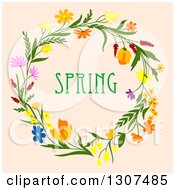 Clipart Of A Wreath Made Of Flowers With Spring Text On Beige 2 Royalty Free Vector Illustration