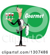 Poster, Art Print Of Cartoon Male Waiter Serving Red Wine Over Green With Gourmet Text