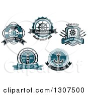 Poster, Art Print Of Blue Nautical Life Buoy Helm Trident Lighthouse And Anchor Designs With Text