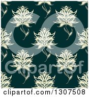 Clipart Of A Background Pattern Of Seamless Pastel Yellow Henna Flowers On Dark Green Royalty Free Vector Illustration