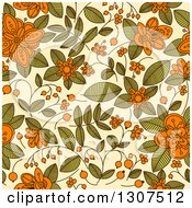 Clipart Of A Seamless Background Pattern Of Doodled Oranbe Berry Blossoms And Plants Over Beige Royalty Free Vector Illustration