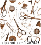 Poster, Art Print Of Seamless Background Pattern Of Brown Spools Of Thread Sewing Needles Thymbols Scissors And Pins