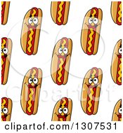 Poster, Art Print Of Seamless Background Pattern Of Happy Hot Dog Characters With Mustard