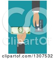 Poster, Art Print Of Flat Design Of Hands Inserting A Credit Card And Cash In An Atm Over Blue