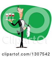 Poster, Art Print Of Cartoon Male Waiter Serving Red Wine Over Green