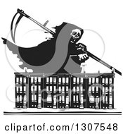 Clipart Of A Black And White Woodcut Grim Reaper Over Baltimore Ghetto Row House Town Homes Royalty Free Vector Illustration