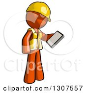 Poster, Art Print Of Contractor Orange Man Worker Looking At A Smart Cell Phone