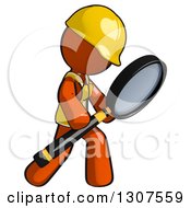 Contractor Orange Man Worker Searching Or Inspecting With A Magnifying Glass