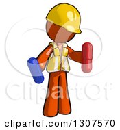 Poster, Art Print Of Contractor Orange Man Worker Holding Red And Blue Pills