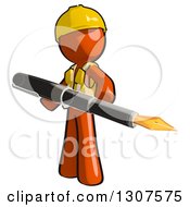 Clipart Of A Contractor Orange Man Worker Holding A Giant Fountain Pen Royalty Free Illustration