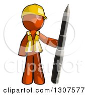 Contractor Orange Man Worker Standing With A Giant Pen