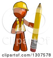 Contractor Orange Man Worker Standing With A Giant Pencil