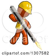Poster, Art Print Of Contractor Orange Man Worker Writing With A Giant Fountain Pen