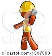 Clipart Of A Contractor Orange Man Worker Walking And Talking On A Smart Cell Phone Royalty Free Illustration