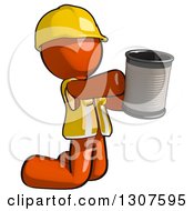 Clipart Of A Contractor Orange Man Worker Kneeling And Begging With A Can Royalty Free Illustration