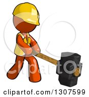 Contractor Orange Man Worker Using A Sledge Hammer