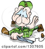 Poster, Art Print Of Cartoon Blue Eyed White Male Soldier On The Ground With A Toy Gun