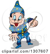 Poster, Art Print Of Cartoon Excited Blue Eyed White Male Wizard Using A Wand
