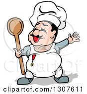 Poster, Art Print Of Cartoon Chubby White Male Chef Presenting And Holding A Spoon