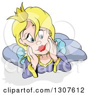 Poster, Art Print Of Cartoon Blond Blue Eyed White Princess Laying On Her Belly And Thinking