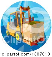 Poster, Art Print Of Retro Low Poly Geometric Worker Operating A Forklift And Moving A Crate In A Circle