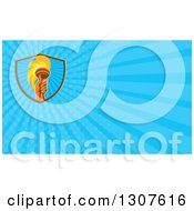 Clipart Of A Retro Hand Holding Up A Torch And Light Blue Rays Background Or Business Card Design Royalty Free Illustration