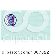 Clipart Of A Retro Woodcut Muscular Purple Elephant Man Plumber Holding A Monkey Wrench And Blue Rays Background Or Business Card Design Royalty Free Illustration