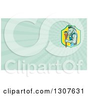 Clipart Of A Retro Cartoon Muscular Donkey Man Plumber Holding A Monkey Wrench And Pastel Green Rays Background Or Business Card Design Royalty Free Illustration