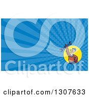 Poster, Art Print Of Cartoon Turkey Bird Worker Mechanic Man Holding Up A Wrench In A Yellow Circle And Blue Rays Background Or Business Card Design