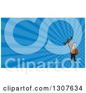 Clipart Of A Cartoon Turkey Bird Worker Mechanic Man Holding Up A Wrench And Blue Rays Background Or Business Card Design Royalty Free Illustration
