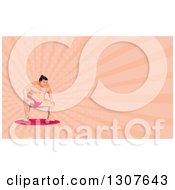 Poster, Art Print Of Low Poly Squatting Sumo Wrestler And Pink Rays Background Or Business Card Design