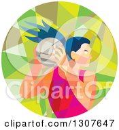 Poster, Art Print Of Retro Low Poly Geometric Female Volleyball Player Rebounding In A Circle